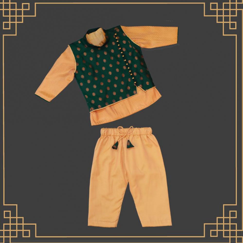 Varnatari's Sandal pant and top with dark forest green and copper butti vest
