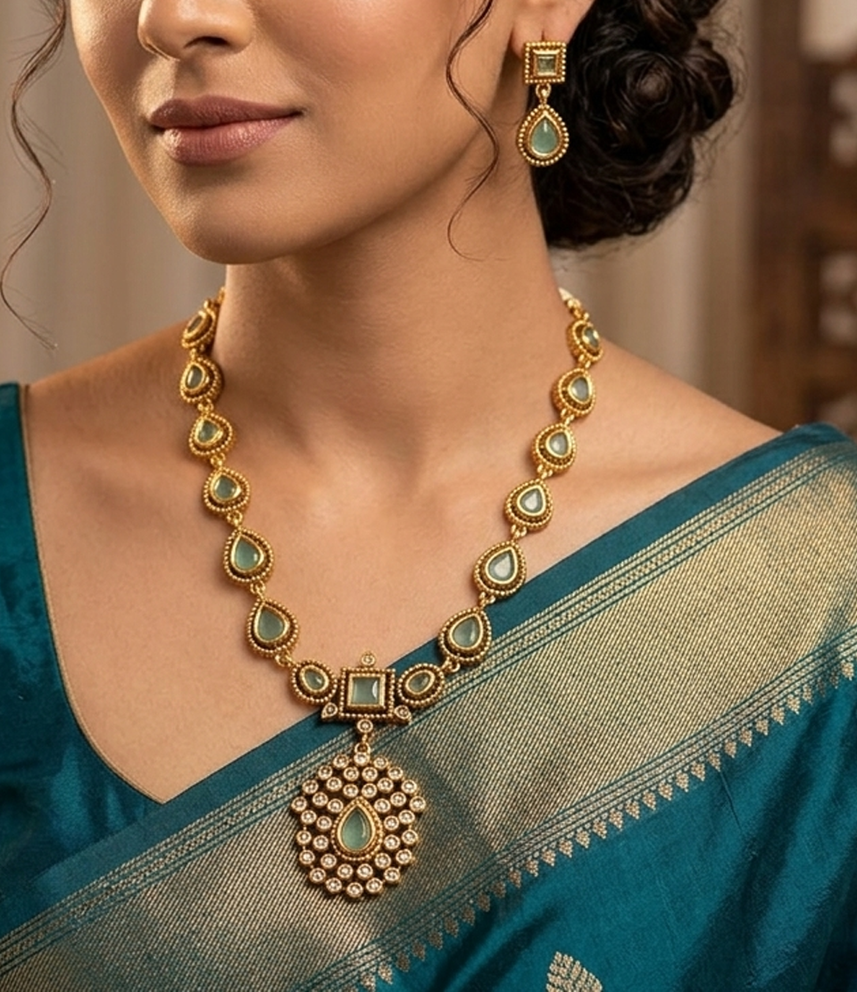 Sea Green Stone Necklace with Earrings - Brass Base