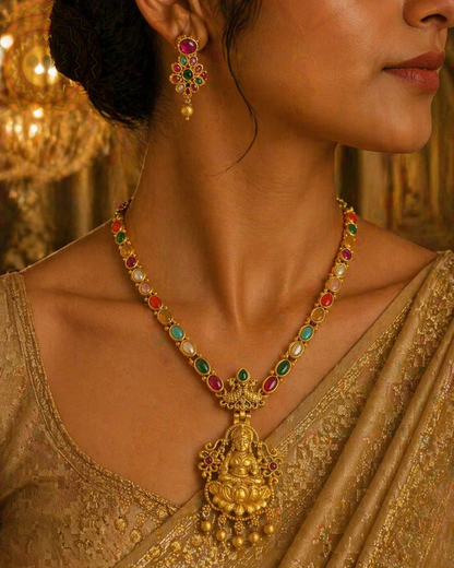 Semi Premium Navaratan Stone Necklace with Earrings - Mossaic Base