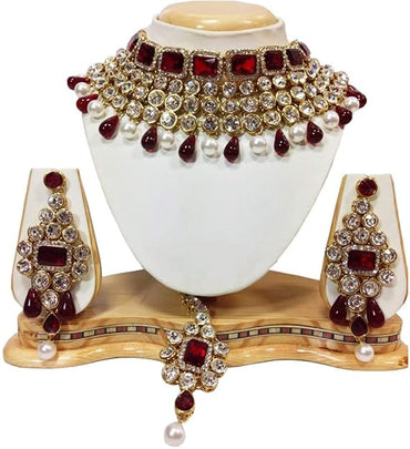 Shining Diva Crystal Choker Traditional Jewellery Necklace Set with Maang Tikka Earrings for Women (Red)