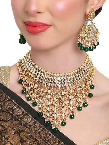 Shining Diva Fashion Latest Stylish Choker Traditional Pearl Kundan Necklace Jewellery Set for Women (Green)