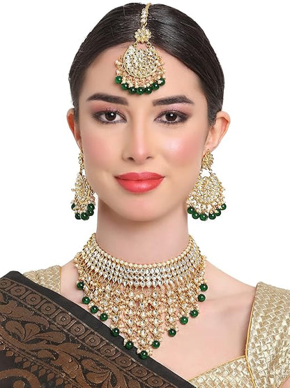 Shining Diva Fashion Latest Stylish Choker Traditional Pearl Kundan Necklace Jewellery Set for Women (Green)