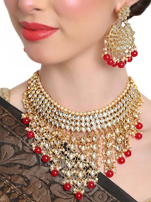 Shining Diva Fashion Latest Stylish Choker Traditional Pearl Kundan Necklace Jewellery Set for Women (Red)