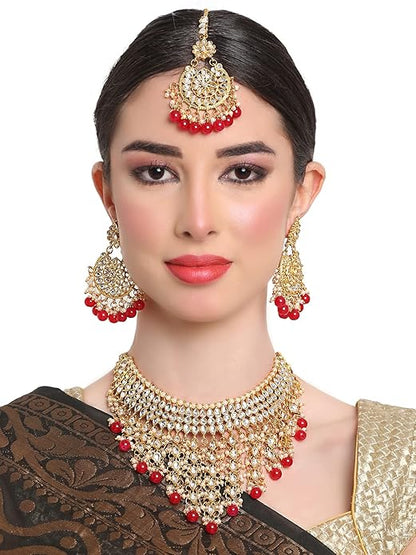 Shining Diva Fashion Latest Stylish Choker Traditional Pearl Kundan Necklace Jewellery Set for Women (Red)