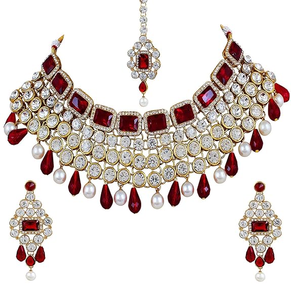 Shining Diva Crystal Choker Traditional Jewellery Necklace Set with Maang Tikka Earrings for Women (Red)