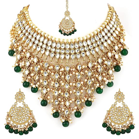 Shining Diva Fashion Latest Stylish Choker Traditional Pearl Kundan Necklace Jewellery Set for Women (Green)