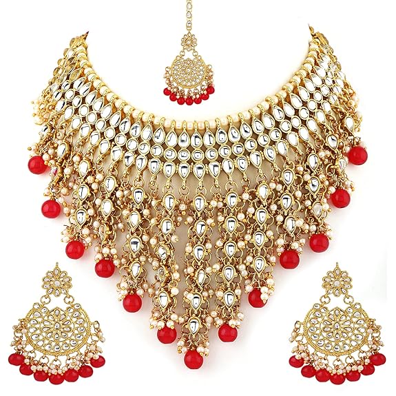 Shining Diva Fashion Latest Stylish Choker Traditional Pearl Kundan Necklace Jewellery Set for Women (Red)
