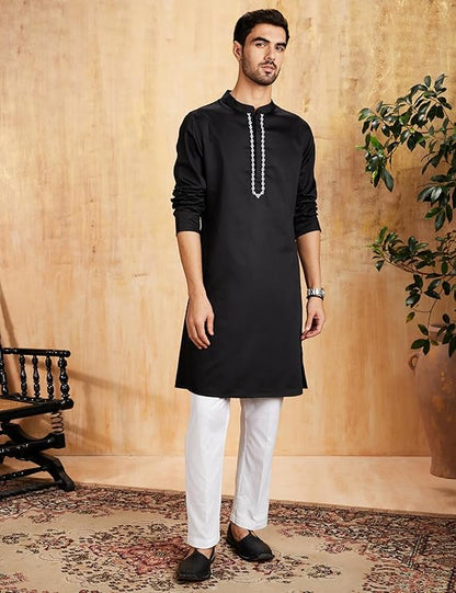 Symbol Men's Cotton Solid Festive Embellished Long Kurta (Regular Fit) - Black