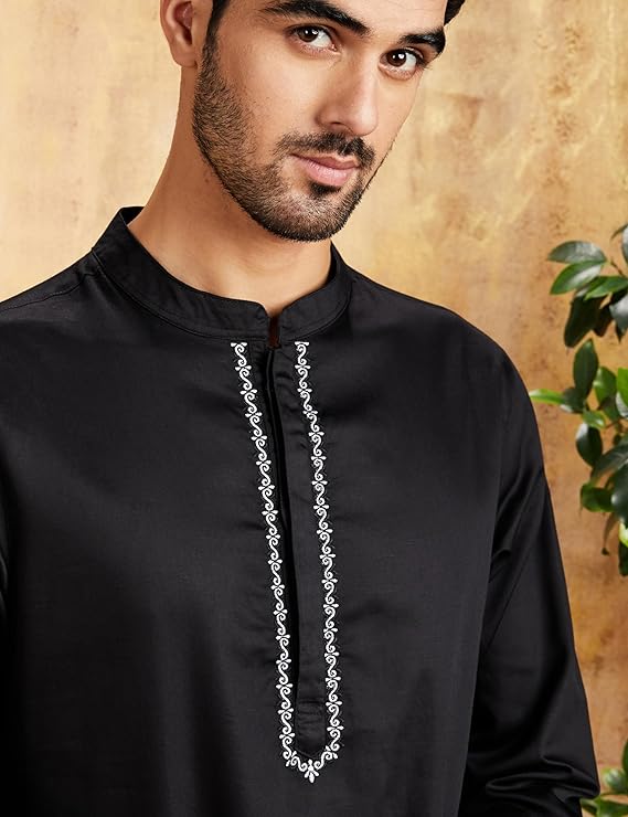 Symbol Men's Cotton Solid Festive Embellished Long Kurta (Regular Fit) - Black