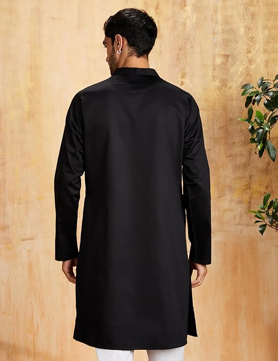 Symbol Men's Cotton Solid Festive Embellished Long Kurta (Regular Fit) - Black