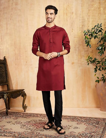 Symbol Men's Cotton Solid Festive Embellished Long Kurta (Regular Fit) - Burgundy