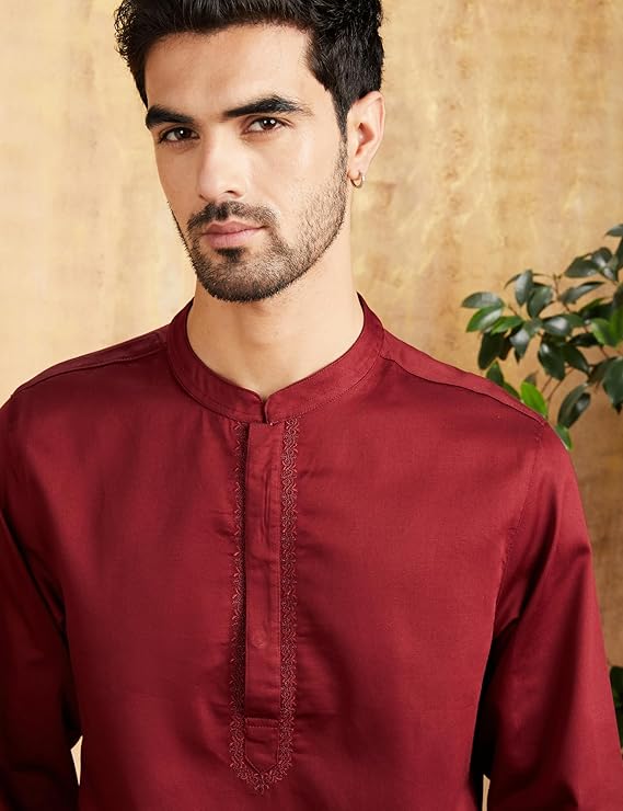 Symbol Men's Cotton Solid Festive Embellished Long Kurta (Regular Fit) - Burgundy