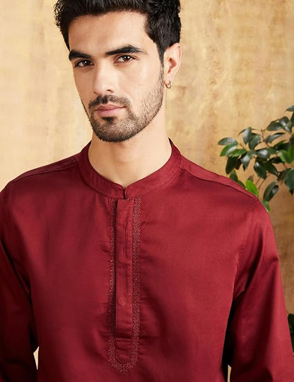 Symbol Men's Cotton Solid Festive Embellished Long Kurta (Regular Fit) - Burgundy