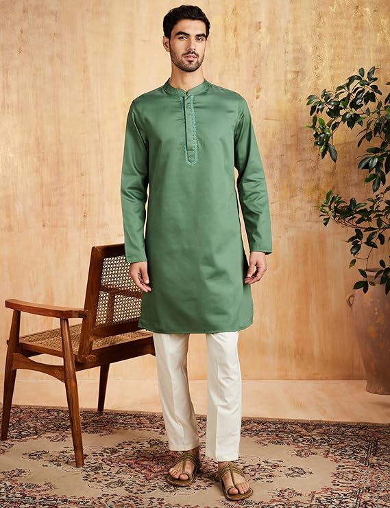 Symbol Men's Cotton Solid Festive Embellished Long Kurta (Regular Fit) - Capu Olive