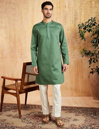 Symbol Men's Cotton Solid Festive Embellished Long Kurta (Regular Fit) - Capu Olive