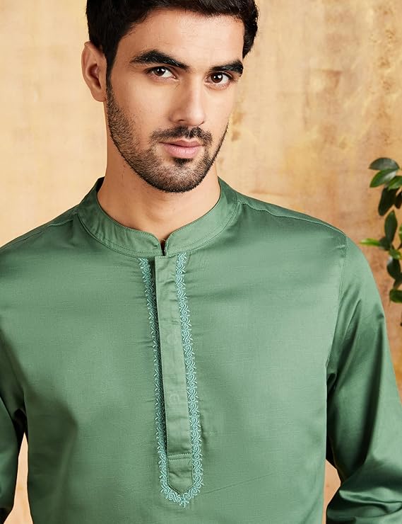 Symbol Men's Cotton Solid Festive Embellished Long Kurta (Regular Fit) - Capu Olive