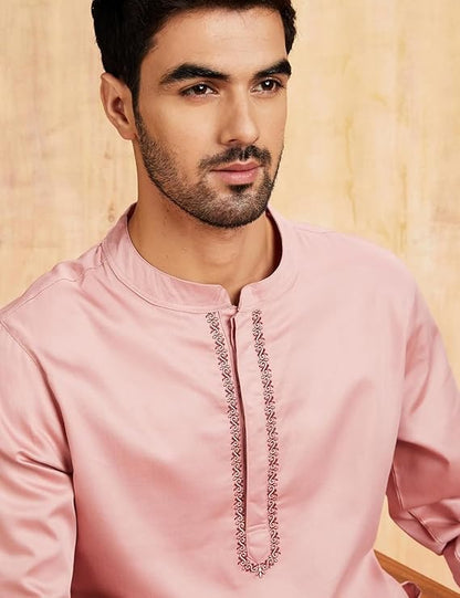 Symbol Men's Cotton Solid Festive Embellished Long Kurta (Regular Fit) - Light Pink