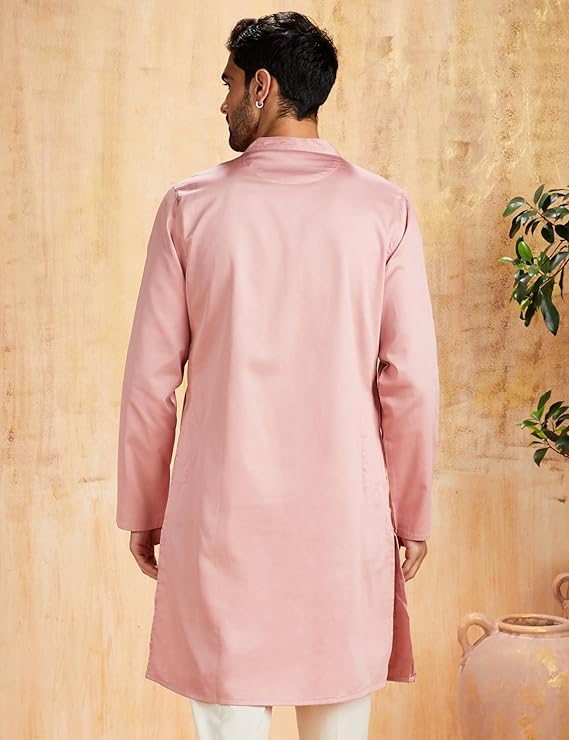 Symbol Men's Cotton Solid Festive Embellished Long Kurta (Regular Fit) - Light Pink