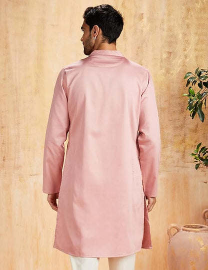 Symbol Men's Cotton Solid Festive Embellished Long Kurta (Regular Fit) - Light Pink