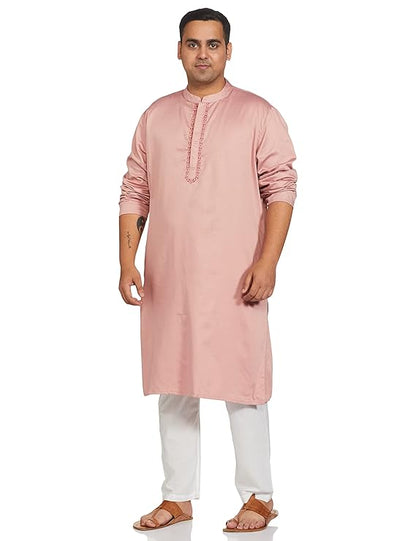 Symbol Men's Cotton Solid Festive Embellished Long Kurta (Regular Fit) - Light Pink