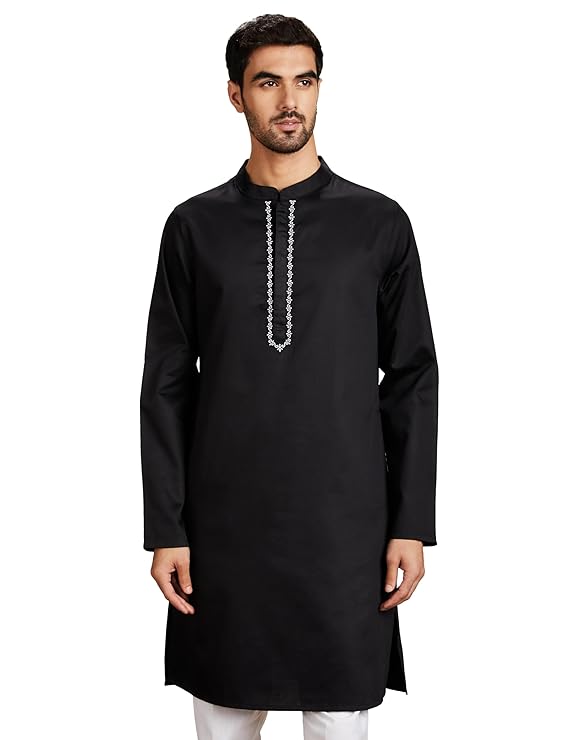 Symbol Men's Cotton Solid Festive Embellished Long Kurta (Regular Fit) - Black