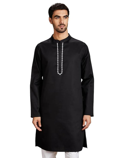 Symbol Men's Cotton Solid Festive Embellished Long Kurta (Regular Fit) - Black