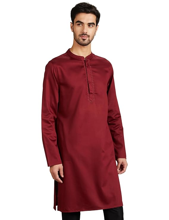 Symbol Men's Cotton Solid Festive Embellished Long Kurta (Regular Fit) - Burgundy