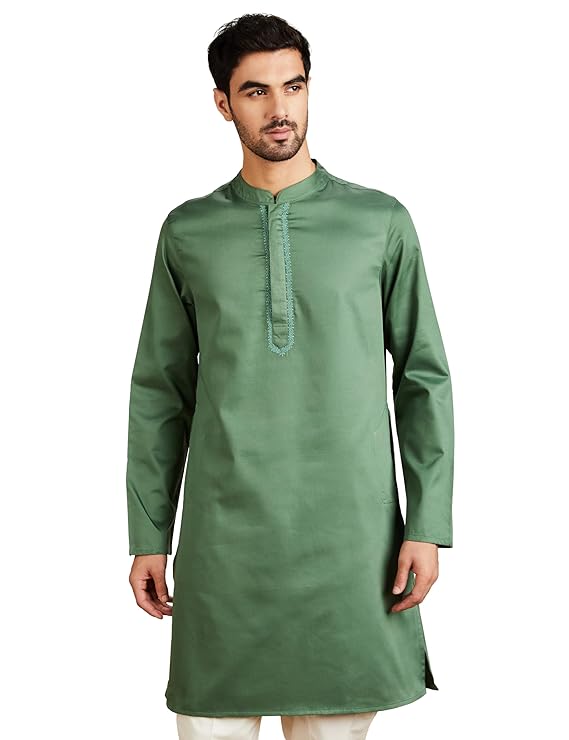 Symbol Men's Cotton Solid Festive Embellished Long Kurta (Regular Fit) - Capu Olive