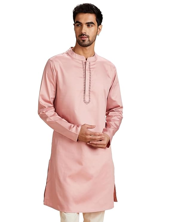 Symbol Men's Cotton Solid Festive Embellished Long Kurta (Regular Fit) - Light Pink