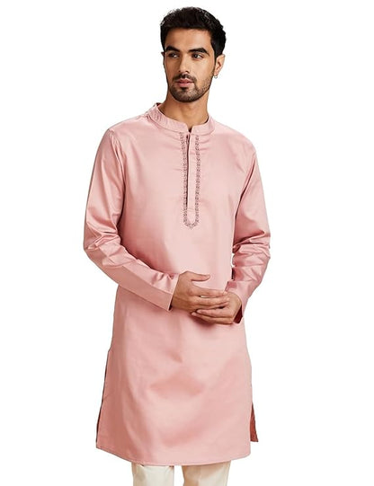 Symbol Men's Cotton Solid Festive Embellished Long Kurta (Regular Fit) - Light Pink