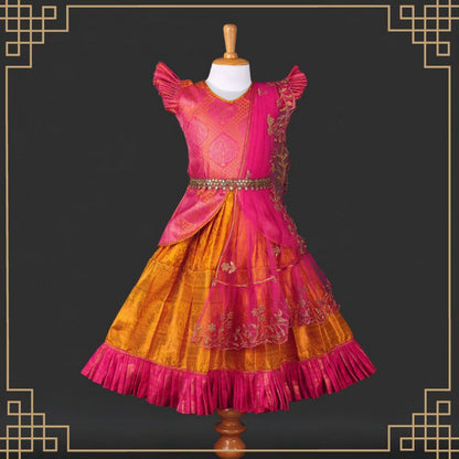 Varnatari's Turmeric Yellow And Pink-Peach Lehenga Set