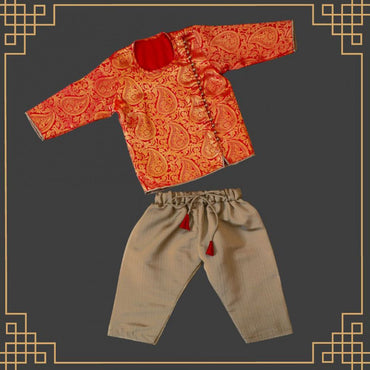 Varnatari's Taupe pant with bright red and gold jacquard print top