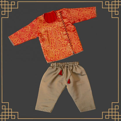 Varnatari's Taupe pant with bright red and gold jacquard print top