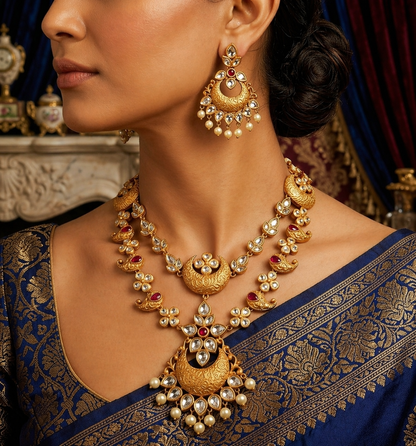 Uncut Stone 2 Layered Necklace with Earrings