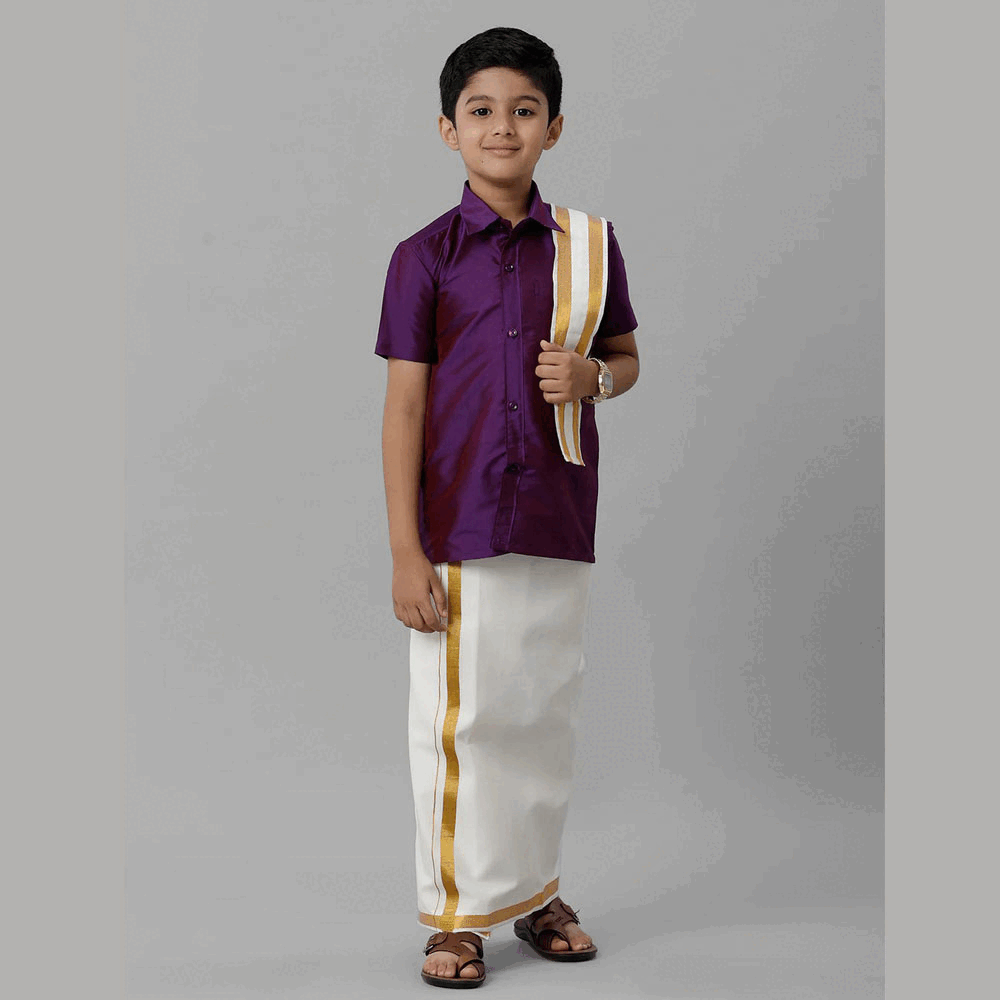 Ramraj's Boy's Silk Cotton Violet Half Sleeves Shirt with Adjustable Cream Dhoti Towel Combo