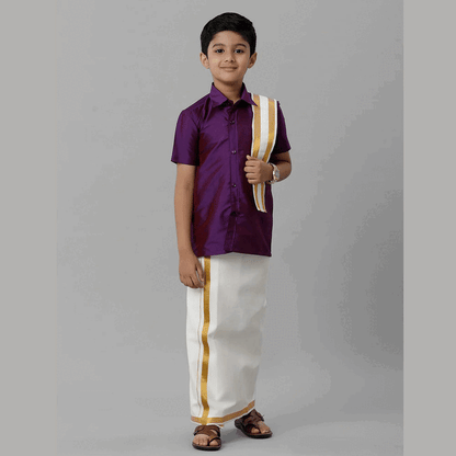 Ramraj's Boy's Silk Cotton Violet Half Sleeves Shirt with Adjustable Cream Dhoti Towel Combo