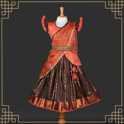 Varnatari's Wenge Brown And Peach Orange Lehenga Set