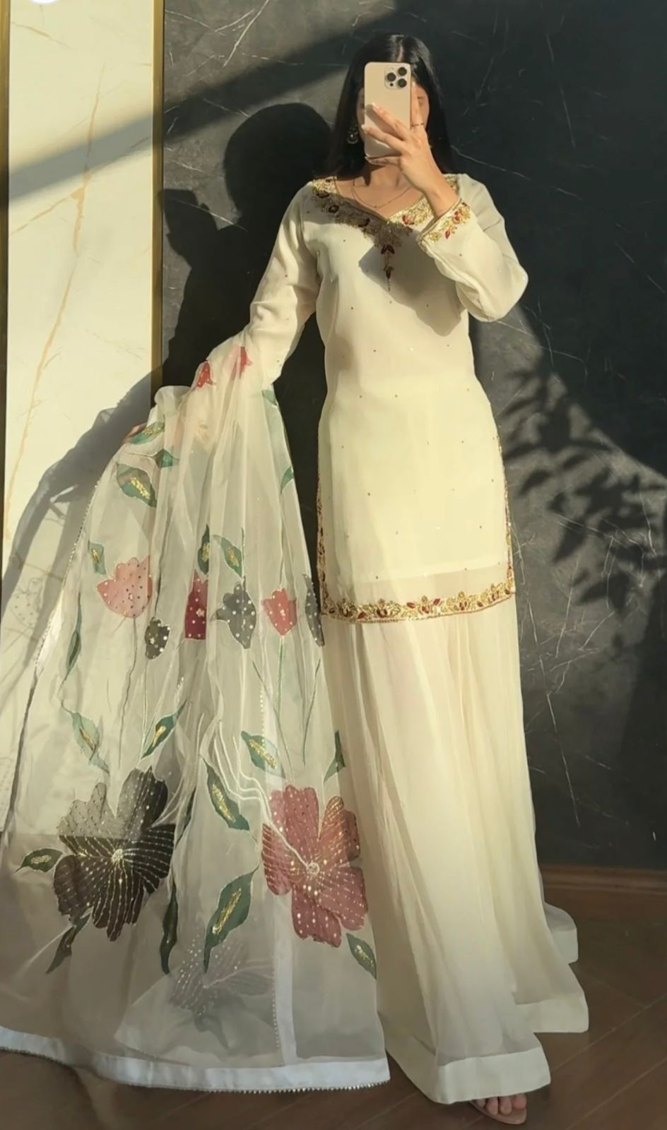 Women Wastra's Fox Georgette Top, Sharara & Dupatta Set