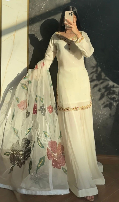 Women Wastra's Fox Georgette Top, Sharara & Dupatta Set