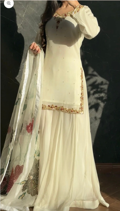 Women Wastra's Fox Georgette Top, Sharara & Dupatta Set