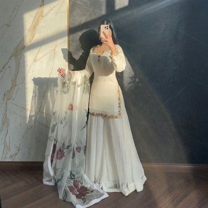 Women Wastra's Fox Georgette Top, Sharara & Dupatta Set