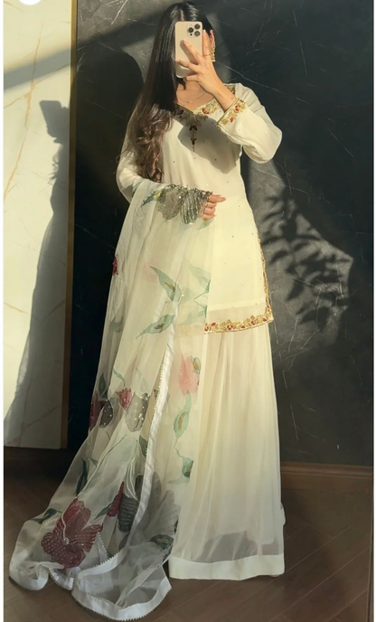 Women Wastra's Fox Georgette Top, Sharara & Dupatta Set