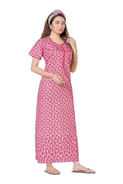 YOZLY Women's Cotton Maxi Nighty Gown with Pocket pink
