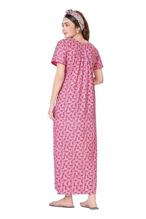 YOZLY Women's Cotton Maxi Nighty Gown with Pocket pink