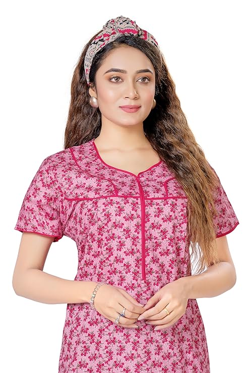 YOZLY Women's Cotton Maxi Nighty Gown with Pocket pink