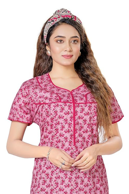 YOZLY Women's Cotton Maxi Nighty Gown with Pocket pink