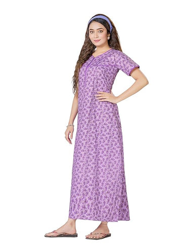 YOZLY Women's Cotton Maxi Nighty Gown with Pocket purple