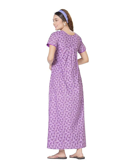 YOZLY Women's Cotton Maxi Nighty Gown with Pocket purple