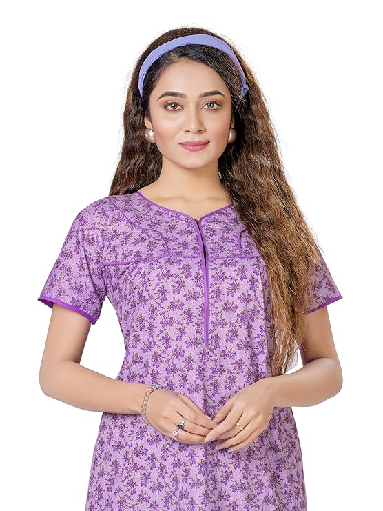 YOZLY Women's Cotton Maxi Nighty Gown with Pocket purple