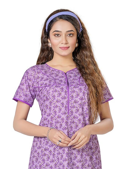 YOZLY Women's Cotton Maxi Nighty Gown with Pocket purple
